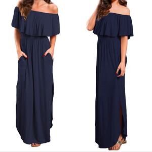 VERABENDI Off Shoulder Ruffle Maxi Dress Split Hem Medium